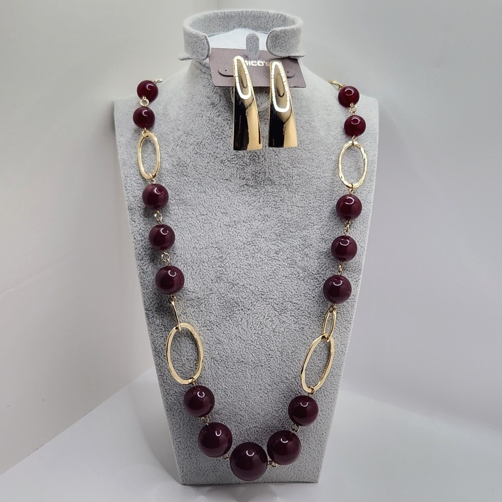 Statement Burgundy Beaded Necklace Gold Tone Earring Set Classic Elegant Office